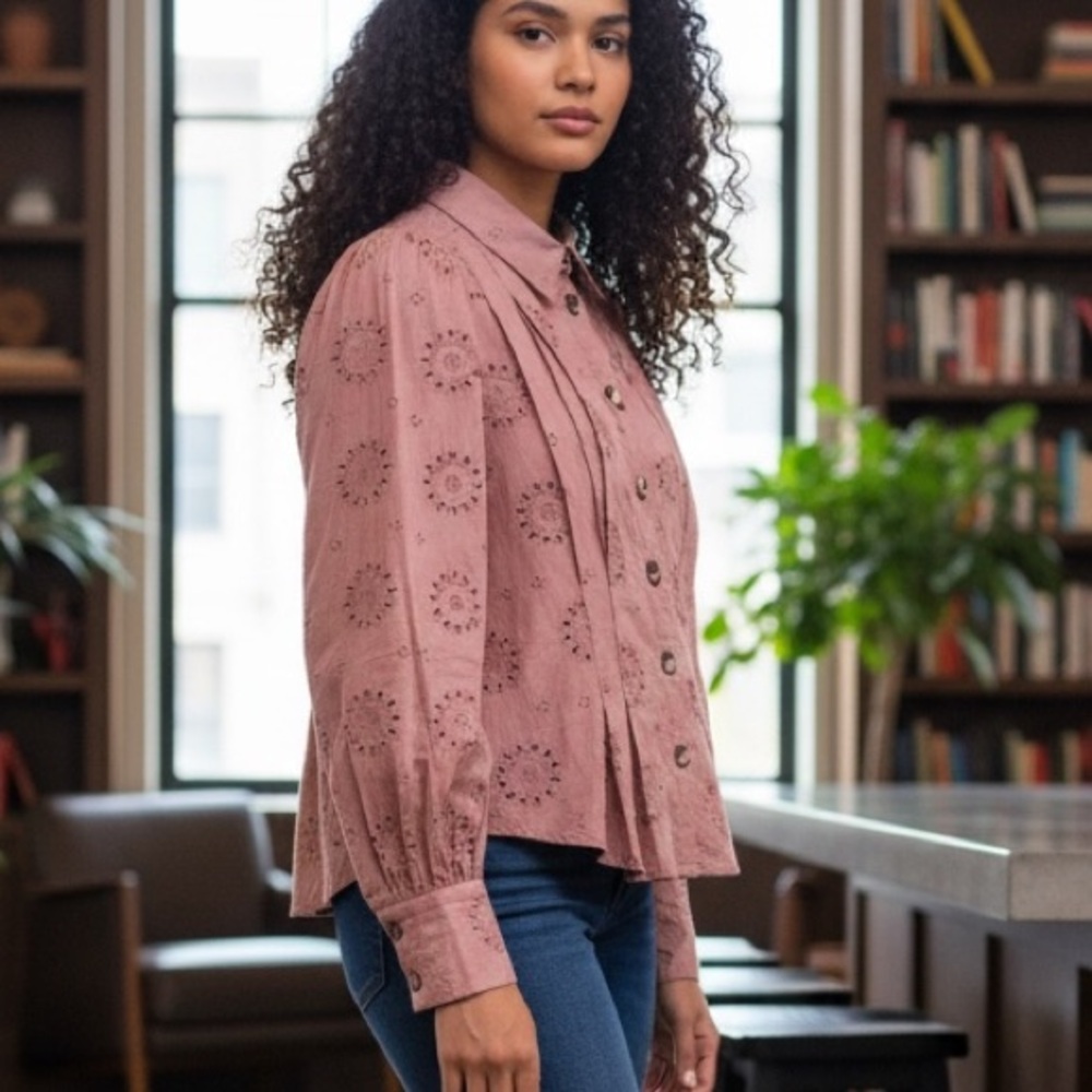 Free People Pink Eyelet Button-Up Blouse